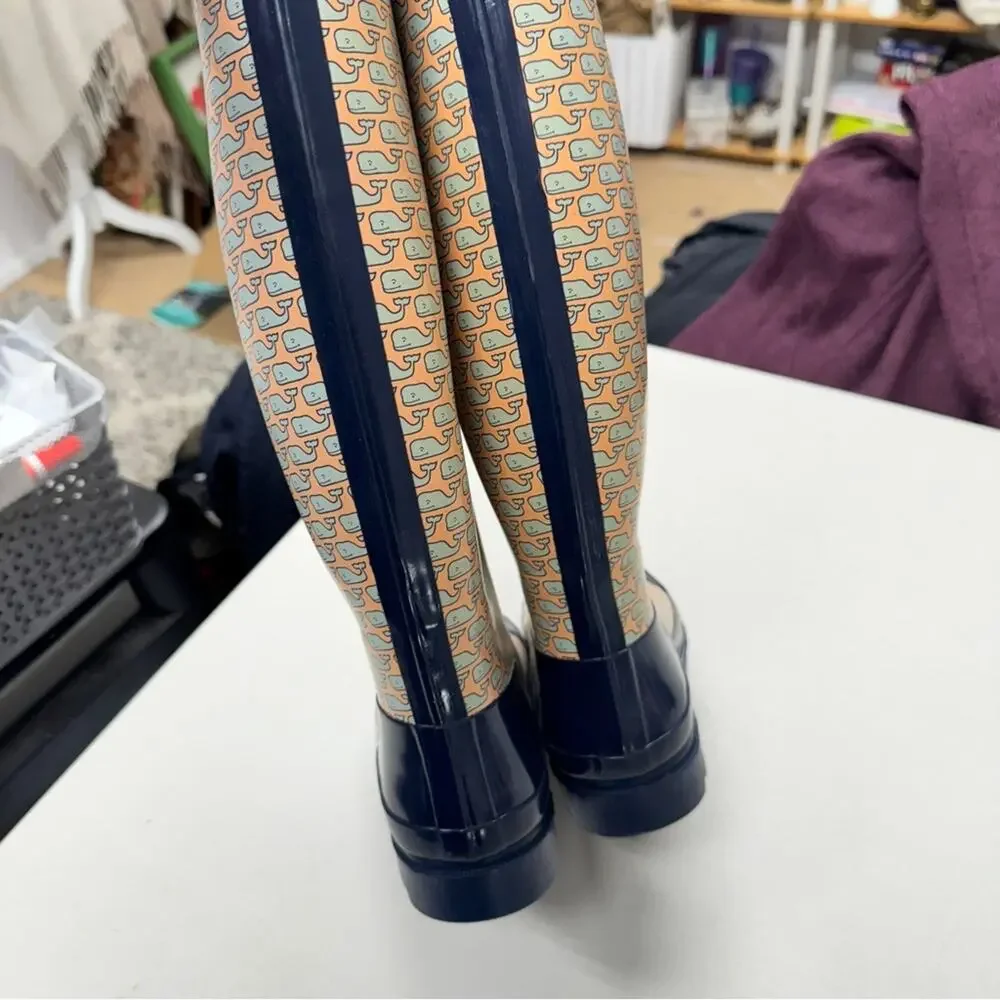 Vineyard Vines Orange Blue Wale Print Rubber Tall Rain Boots Womens 5 Classic